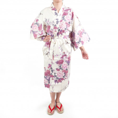 happi kimono giapponese bianco felicei in cotone, TSURU PEONY, gru e peonia