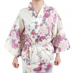 Japanese traditional white cotton sateen happi coat kimono flying crane and peony for ladies