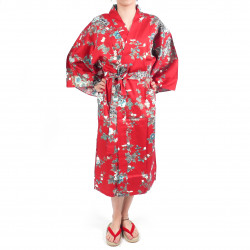 Happi japanischer Kimono aus roter Baumwolle, SAKURA PEONY, Pfingstrose und Kirschblüten