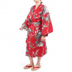 Happi japanischer Kimono aus roter Baumwolle, SAKURA PEONY, Pfingstrose und Kirschblüten