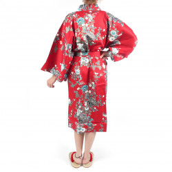 Japanese traditional red cotton sateen happi coat kimono peony and cherry blossom for ladies