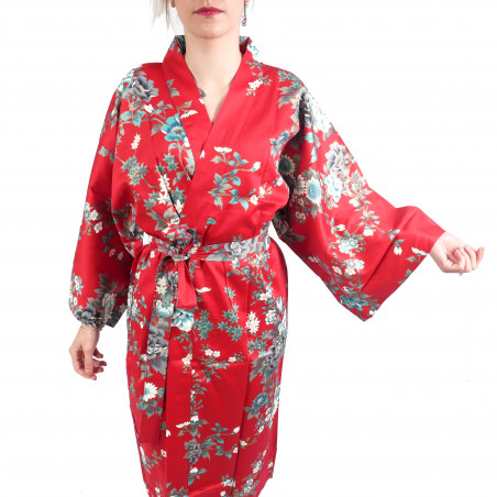 happi japonés kimono algodón rojo, SAKURA PEONY, peonía y flores de cerezo