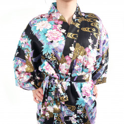 hanten kimono traditionnel japonais noir en coton satiné petite princesse pour femme