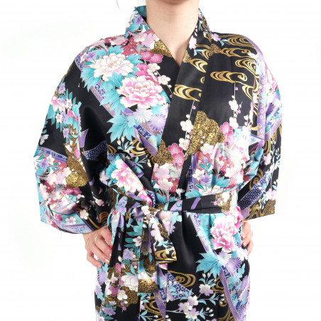 hanten tradicional kimono negro japones en algodon satinado princesita para mujer