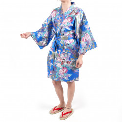 hanten kimono traditionnel japonais bleu en coton satiné petite princesse pour femme