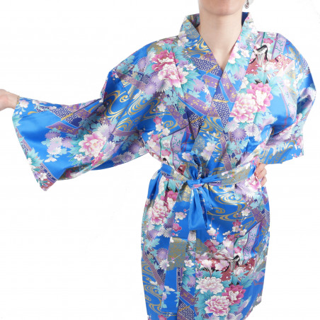 hanten kimono traditionnel japonais bleu en coton satiné petite princesse pour femme