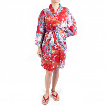 hanten kimono rojo japonés tradicional en algodón satinado princesita para mujer