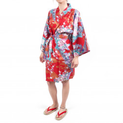 Kimono hanten tradizionale giapponese rosso in raso di cotone per principessa da donna