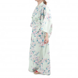 kimono yukata traditionnel japonais turquoise en coton fleurs de cerisiers blanches pour femme