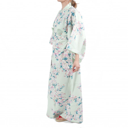 Japanese traditional turquoise cotton yukata kimono white cherry blossoms for women