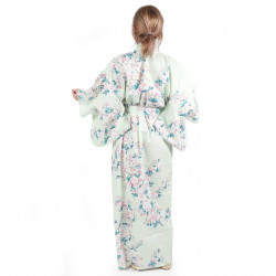 Kimono yukata di cotone turchese tradizionale giapponese con fiori di ciliegio bianco per donna