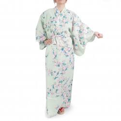 Kimono yukata di cotone turchese tradizionale giapponese con fiori di ciliegio bianco per donna