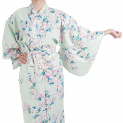 Japanische traditionelle türkisfarbene Baumwolle Yukata Kimono weiße Kirschblüten für Frauen