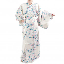 Kimono yukata di cotone bianco tradizionale giapponese fiori di ciliegio bianchi per donna