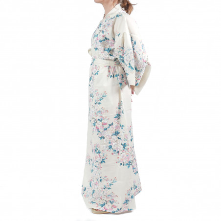 Japanische traditionelle weiße Baumwolle Yukata Kimono weiße Kirschblüten für Frauen