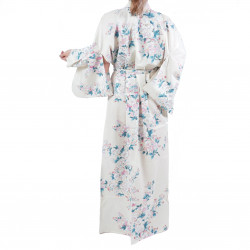 kimono yukata traditionnel japonais blanc en coton fleurs de cerisiers blanches pour femme