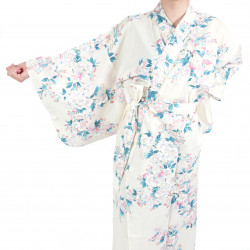 kimono yukata traditionnel japonais blanc en coton fleurs de cerisiers blanches pour femme