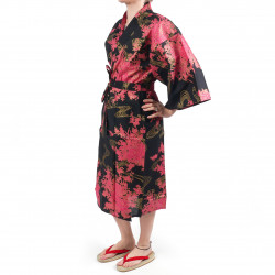 happi kimono tradicional japonés de algodón y peonía negro para mujer