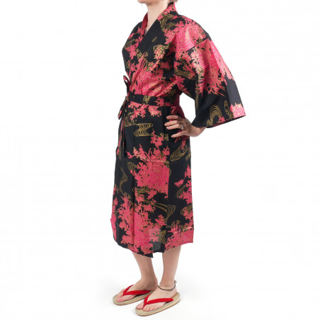 Happi traditioneller japanischer Kimono aus schwarzer Baumwolle und Pfingstrose für Frauen