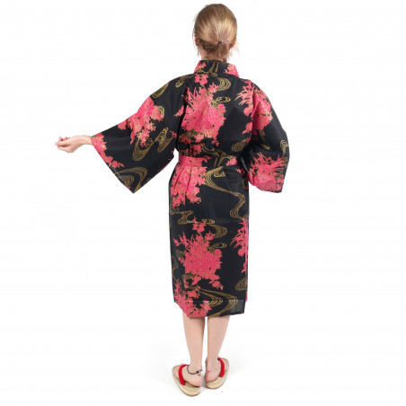 happi kimono tradicional japonés de algodón y peonía negro para mujer