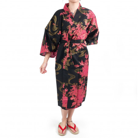 happi kimono traditionnel japonais noir en coton pivoine et rivière pour femme