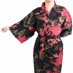 happi kimono tradicional japonés de algodón y peonía negro para mujer