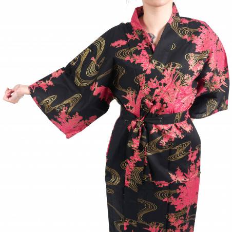 Kimono Happi tradizionale giapponese in cotone nero e peonia per donna