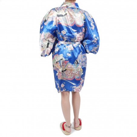 hanten traditional japanese blue kimono in polyester dynasty under the cherry blossom for women