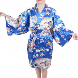 hanten traditional japanese blue kimono in polyester dynasty under the cherry blossom for women