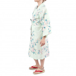 Happi kimono tradizionale in cotone turchese giapponese fiori di ciliegio bianchi per donna