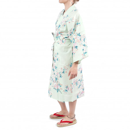 Happi kimono tradizionale in cotone turchese giapponese fiori di ciliegio bianchi per donna