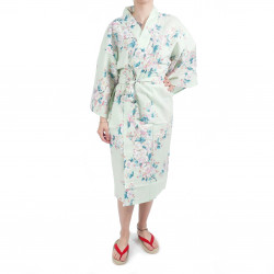 Happi kimono tradizionale in cotone turchese giapponese fiori di ciliegio bianchi per donna