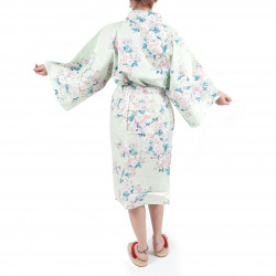 happi traditional japanese turquoise cotton kimono white cherry blossoms for women