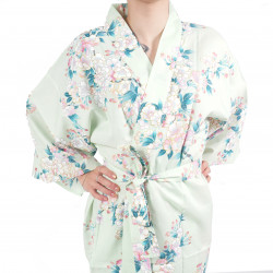 happi kimono de algodón turquesa japonés tradicional flores de cerezo blancas para mujeres