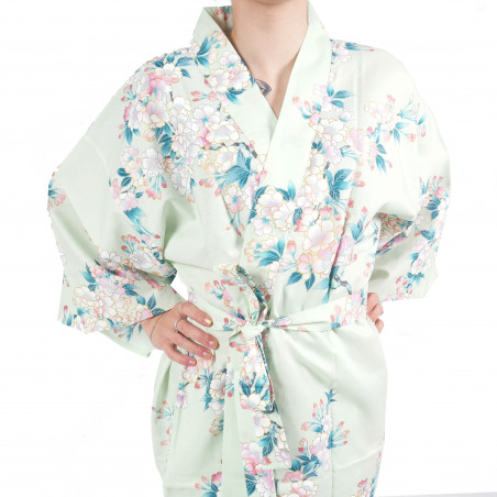 happi kimono de algodón turquesa japonés tradicional flores de cerezo blancas para mujeres