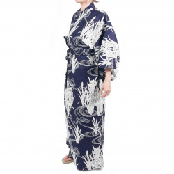 Kimono yukata di cotone blu tradizionale giapponese in iris e fiume per donna