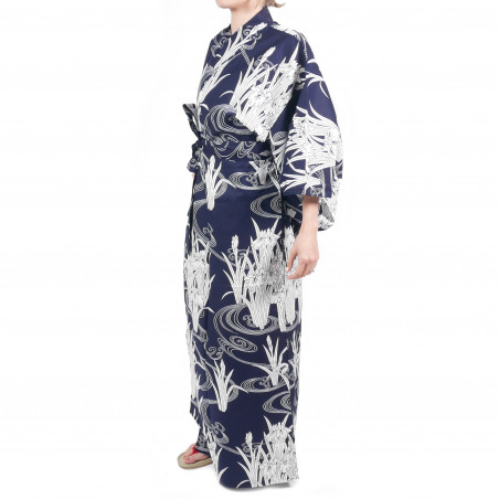 kimono yukata traditionnel japonais bleu en coton iris et rivière pour femme