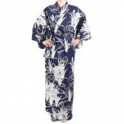 Japanese traditional blue cotton yukata kimono in iris and river for women