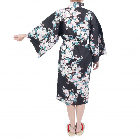 happi tradicional japonés kimono de algodón negro flores de cerezo blancas para mujeres