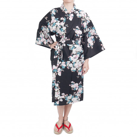 happi traditional Japanese black cotton kimono white cherry blossoms for women