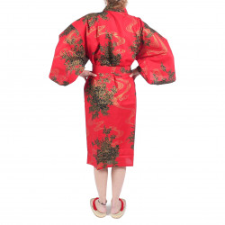 happi tradicional japonés peonía de algodón rojo y kimono de río para mujer