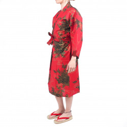 happi kimono traditionnel japonais rouge en coton pivoine et rivière pour femme