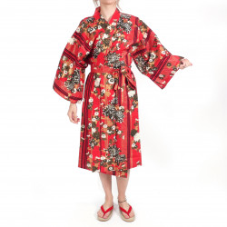 happi kimono traditionnel japonais rouge en coton chrysanthèmes fleuris pour femme