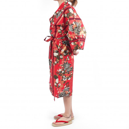 happi crisantemos florales de kimono de algodón rojo japonés tradicional para mujeres