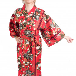 crisantemi floreali tradizionali kimono di cotone rosso giapponese Happi per donna