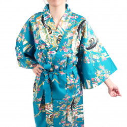 happi kimono traditionnel japonais turquoise en coton princesse cerisier pour femme