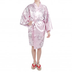 Hanten traditioneller japanischer rosa Kimono in Satin Poesie und Blumen für Frau