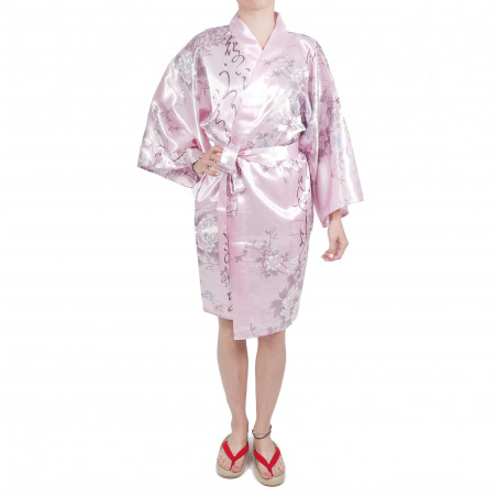 Kimono tradizionale giapponese Hanten in poesia satinata e fiori per donna
