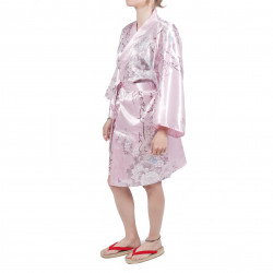 Kimono tradizionale giapponese Hanten in poesia satinata e fiori per donna