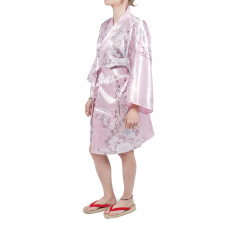 hanten traditional japanese pink kimono in satin poetry and flowers for woman